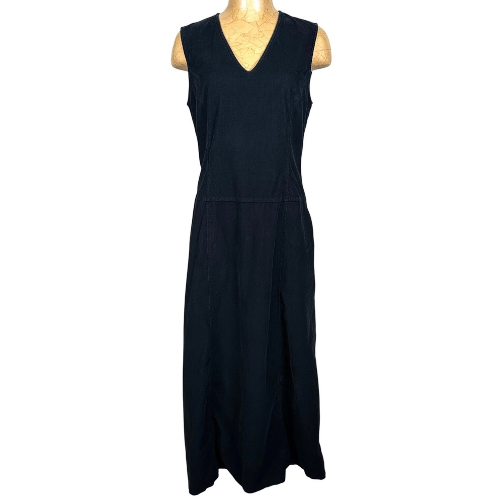 Eddie Bauer Vintage Black Corduroy V-Neck Maxi Dress Overall Medium Sleeveless